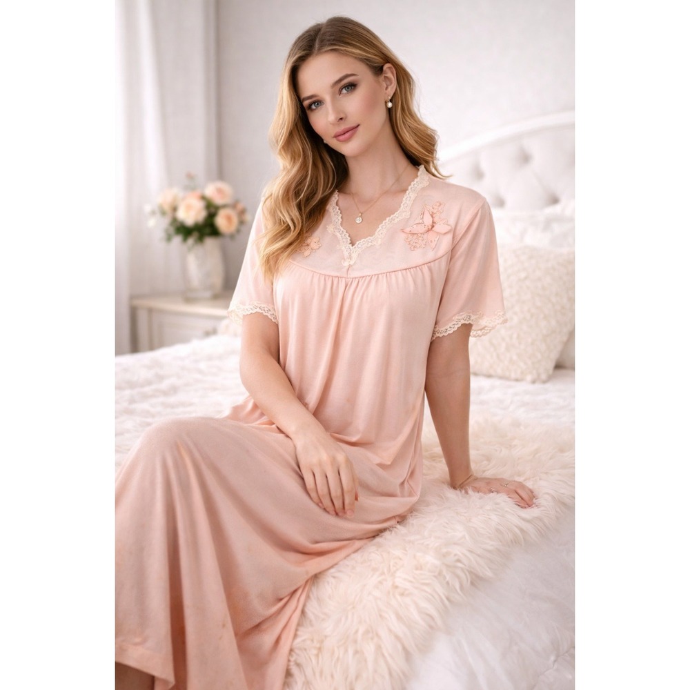 Vintage Pink Peach Nylon Nightgown‎ Lace Trim Embroidered Yoke Maxi Romantic S
